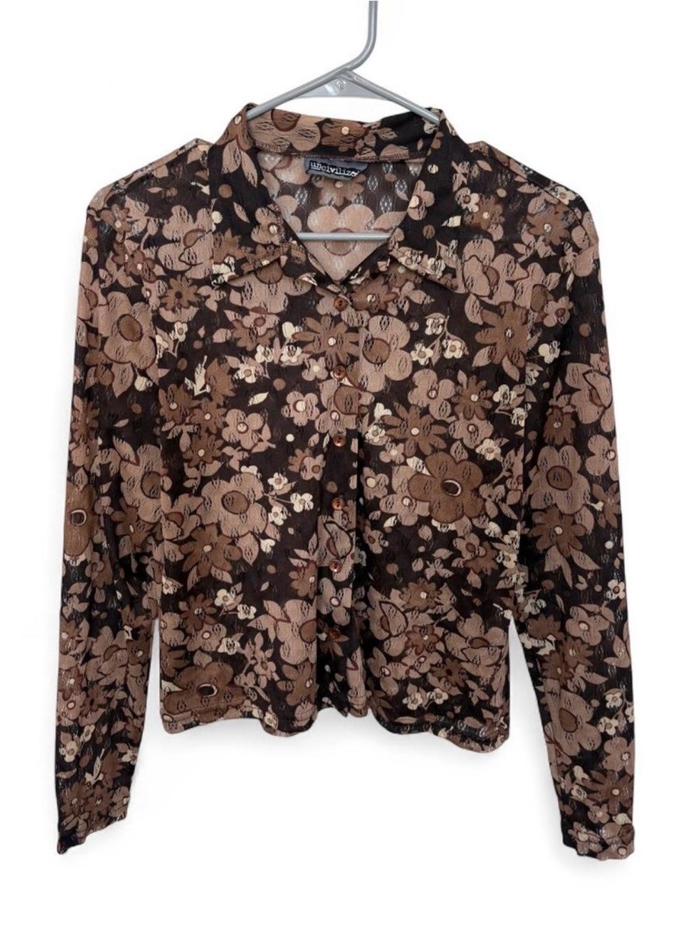 Vintage Y2K Uncivilized Floral Mesh Button Front Long Sleeve Blouse Medium Retro
